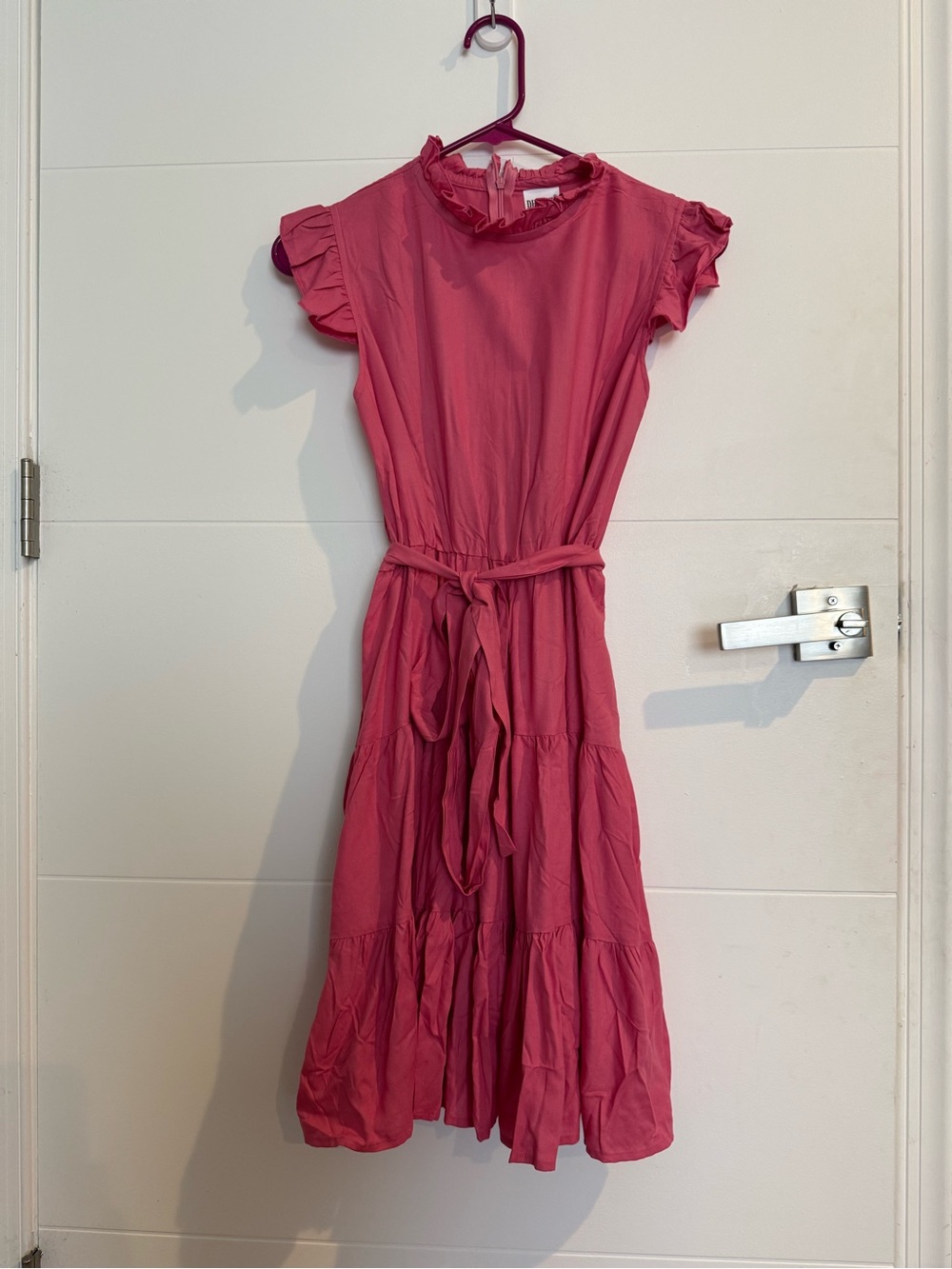 Amazon Women's Rose Pink Ruffle-Sleeve Midi Dress with Tie Waist